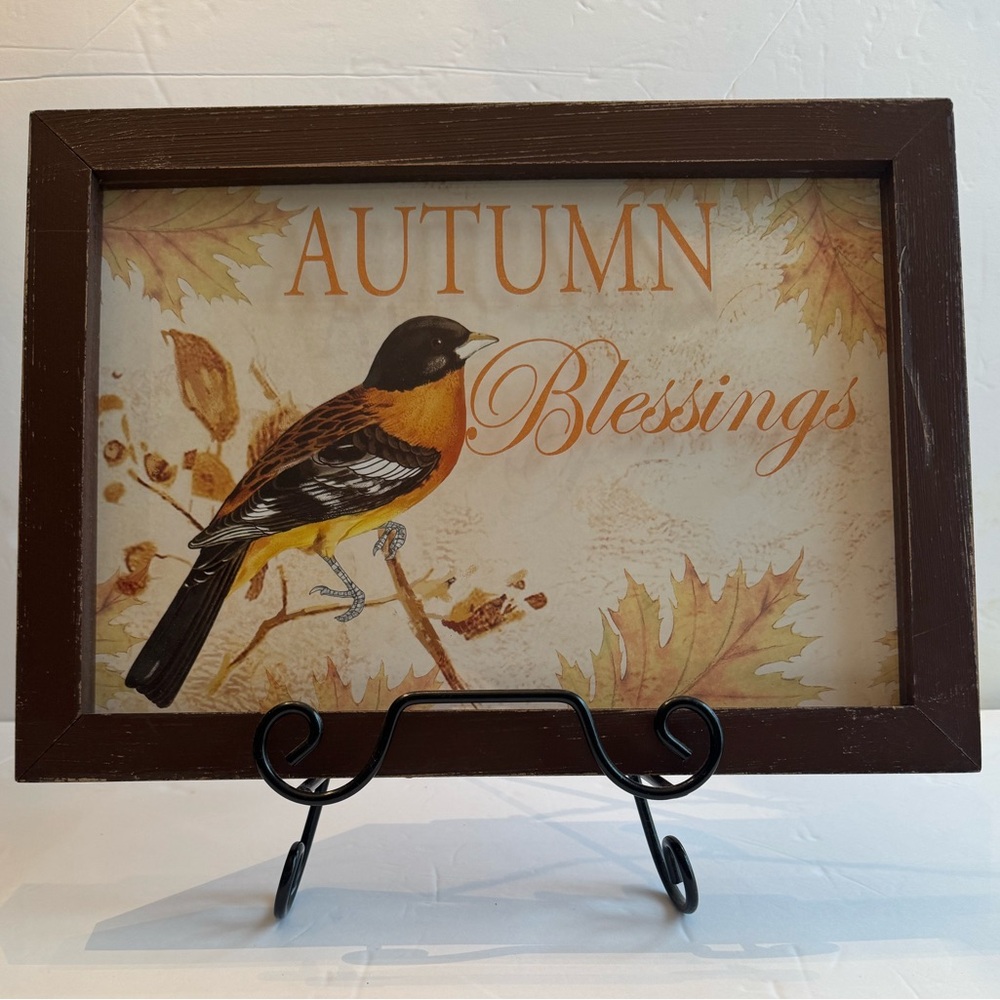 CREATVIE CO-OP Autumn Blessings Fall Bird Distressed Brown Frame Glass Wall Deco